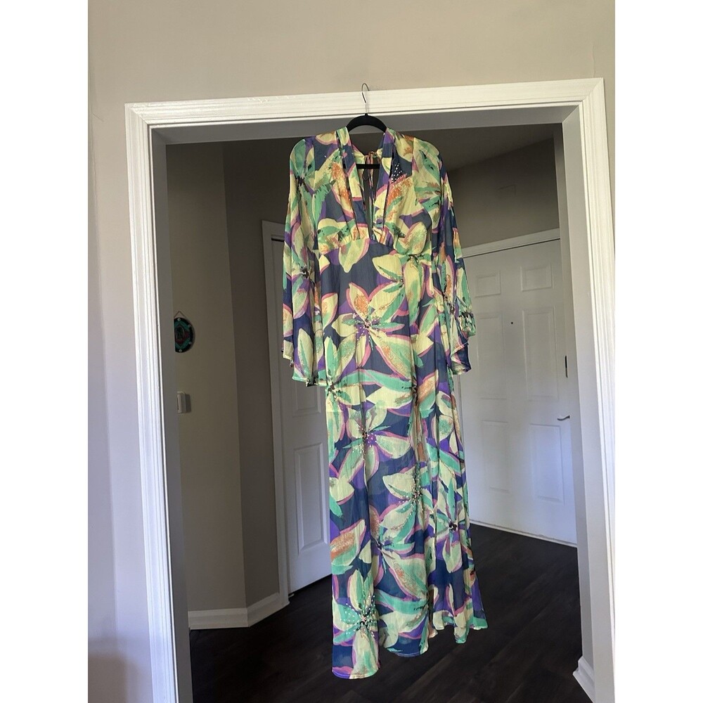 River Island open back beach maxi dress - Beaded Tropical Print Size M Green - Picture 4 of 12